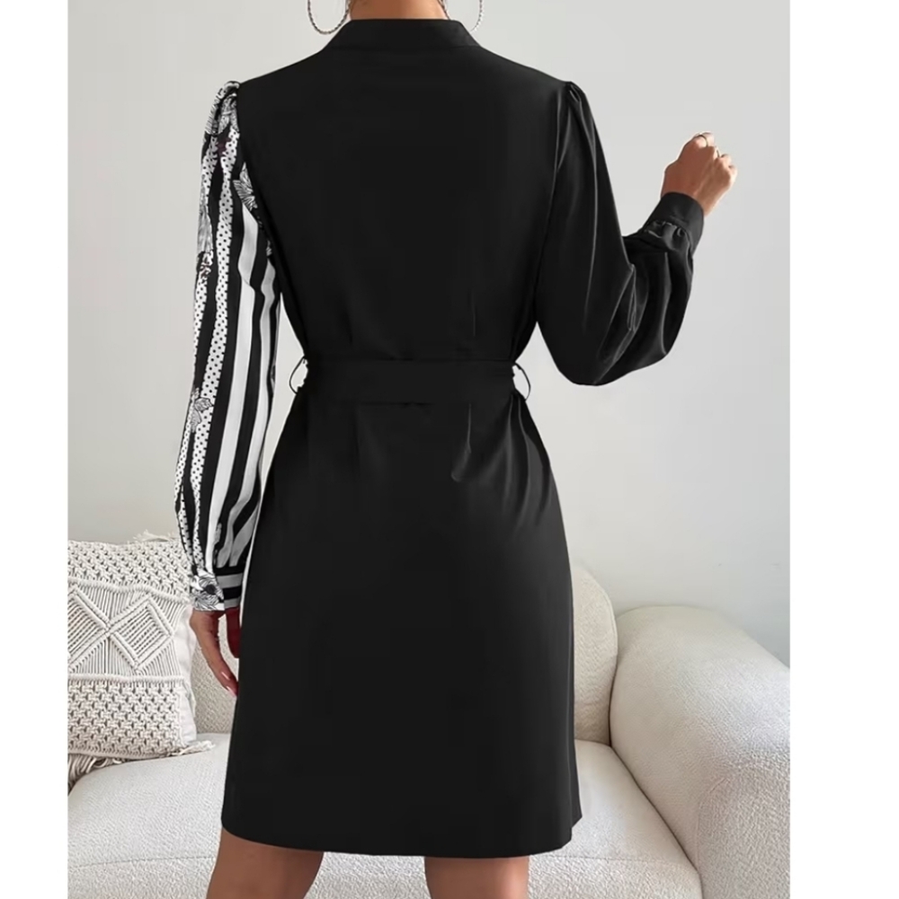 Chic Monochrome Long Sleeve Dress - Picture 2 of 8